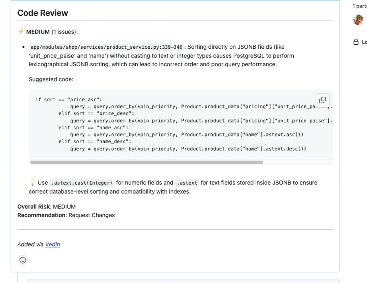 A Vedin code review posted inline on a GitHub pull request with a risk rating and suggested fix