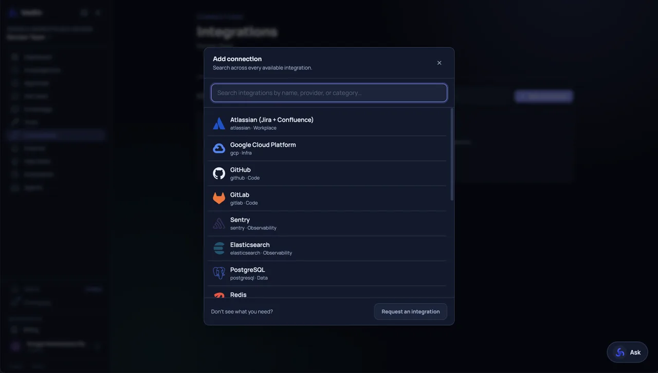 The Vedin connection picker spanning databases, infrastructure, source control, and analytics
