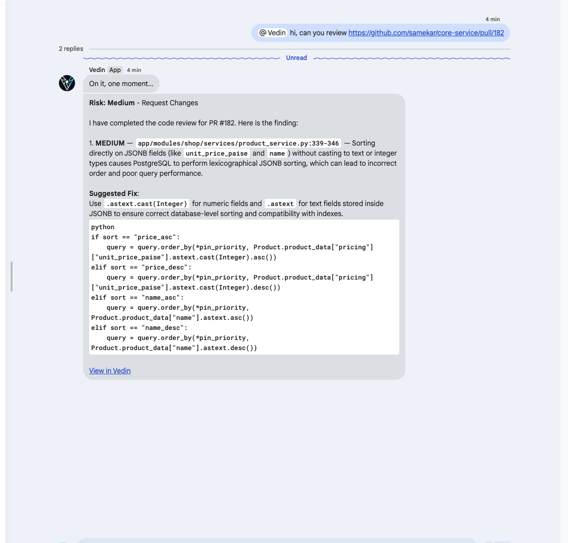 A Google Chat thread where a teammate mentions Vedin with a pull request link and Vedin responds with a code review summary, risk rating, suggested fix, and link back to Vedin