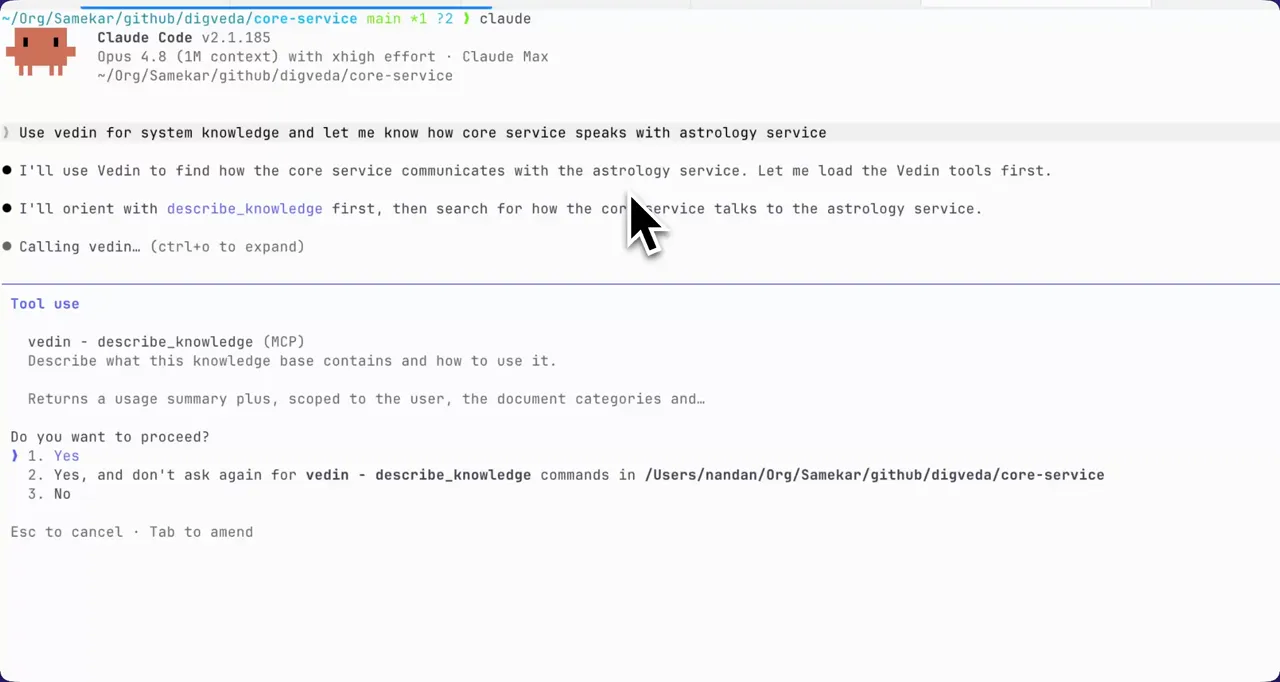 A coding agent in the terminal calling the Vedin MCP to learn how two services communicate